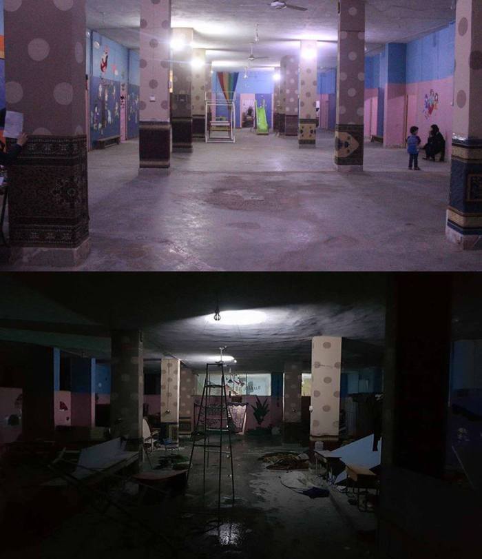 before and after a school used as an underground basement