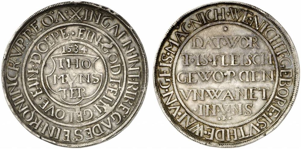 Coin of the Commune of Münster with the slogan One Lord One Faith One Baptism