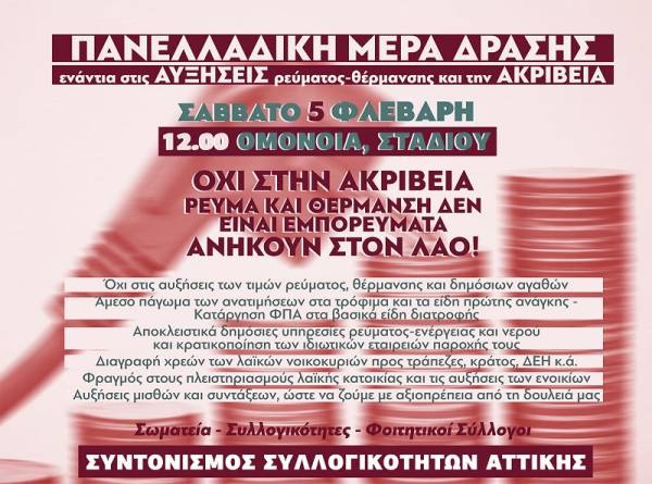 Συντονισμός Συλλογικοτήτων Αττικής: Σάββατο 5/2, συγκέντρωση στην Ομόνοια στις 12.00 ενάντια στην ακρίβεια