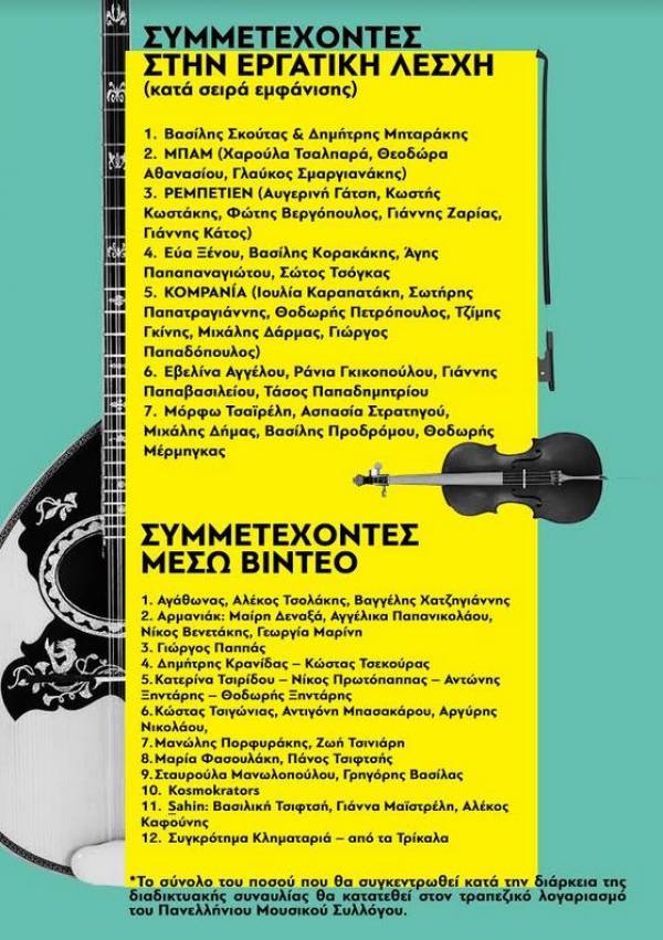 Εργατική Λέσχη Νέας Σμύρνης: 16/5, ώρα 19.30, διαδικτυακή συναυλία λαϊκής και ρεμπέτικης μουσικής για τη στήριξη του κλάδου των μουσικών