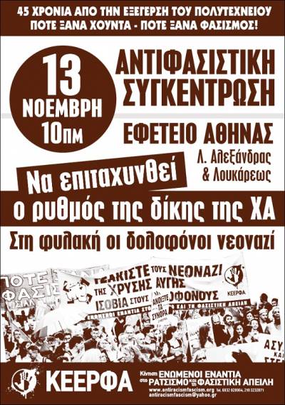 ΚΕΕΡΦΑ: Αντιφασιστική συγκέντρωση Τρίτη 13 Νοέμβρη στις 10πμ στο Εφετείο, Λ.Αλεξάνδρας και Λουκάρεως