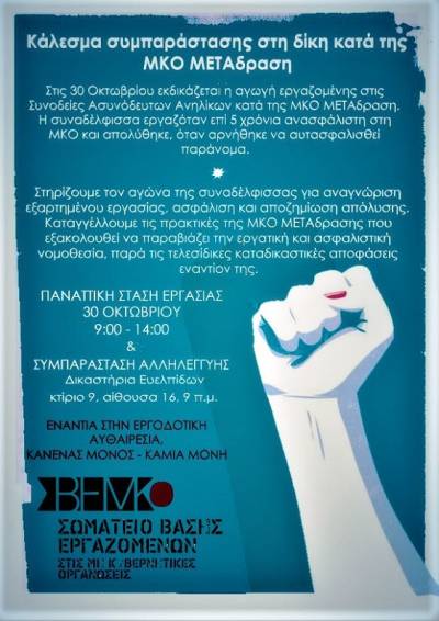 ΣΒΕΜΚΟ: ΚΑΛΕΣΜΑ ΣΥΜΠΑΡΑΣΤΑΣΗΣ ΣΤΗ ΔΙΚΗ ΚΑΤΑ ΤΗΣ ΜΚΟ ΜΕΤΑΔΡΑΣΗ